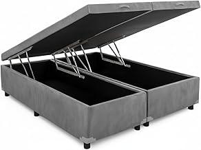 Cama Box Baú Queen Bipartido 79, Blindado, Pistão á Gás, Pés de Madeira (Suede, Cinza)