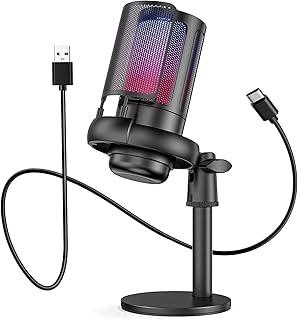 Microfone USB Hemicz Me63s para PC, PS4, PS5 e Mac, com Luz RGB, Botão de Ganho e Monitoramento