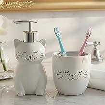 Kit lavabo em Porcelana com dispenser para sabonete líquido e porta-escovas do Gato, elegante e divertido. Pode decorar lindamente qualquer ambiente e até compor o kit higiene do bebê