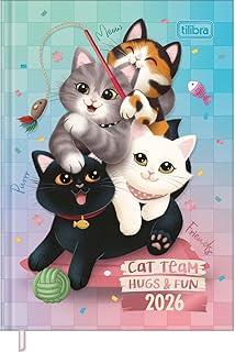 Tilibra - Agenda Costurada Petit 10,5 x 14,8 cm Purrfect Cats 2026 - Degradê Verde, Azul e Rosa