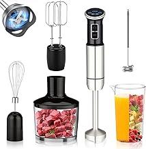 6 em 1 mixer de mão, 1000W, 8 velocidades, Exibição digital LCD, Vem com um copo de 860 ml, Triturador de 600 ml, Batedor de aço inoxidável com 4 pás, Adequado para sopas, smoothies e purés(127V)