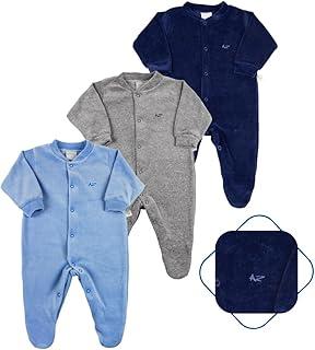Kit 3 Macacões Bebê Menino em Plush com Pezinho – Manga Longa – Azul, Mescla e Marinho
