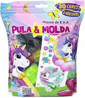 Massinha de Modelar Pula & Molda Unicórnios, Massa de Modelar EVA, 30 Cores Vibrantes, 300g, com Adesivos, Atóxica, para Crianças 3+ Anos,18x30x8cm, Não Mancha, Flexível e Macia, Secagem Rápida, Coordenação Motora