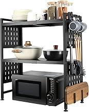 Suporte Organizador para Microondas e Especiarias, Escalável Prateleira de Cozinha em Aço Carbono Preto, Multifuncional 3 Níveis com Gancho para Utensílios Armazenar(44-68cm)