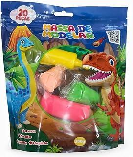 Massa de Modelar Dinossauros, 20 Peças com 12 Cores, 6 Moldes, Faquinha e Rolinho, 300g, Tema Jurássico, para Crianças +3 Anos, Atóxica, Habilidade na Concentração e Raciocínio, Flexível e Macia, Coordenação Motora Fina
