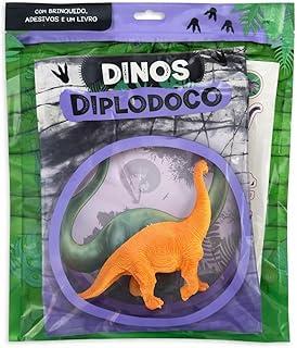Kit Dinos Diplodoco Educativo com Livro, Brinquedo de Dinossauro e Adesivos, Atividade Criativa para Crianças, Tema Pré-História, Explore Brincando o Mundo dos Dinossauros Diplodoco