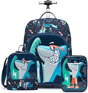 Kit Mochila de Rodinhas + Lancheira + Estojo Tubarão Infantil Escolar