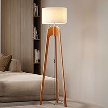 UNIDECOR CASA Abajur de Chão Luminária Tripé Madeira Maciça Cúpula de Tecido Linho Palha