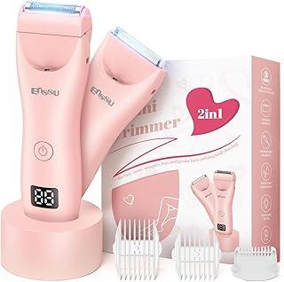 ENSSU Aparador de biquíni elétrico rosa para mulheres – 2 em 1 à prova d'água pelos pubianos e barbeador brasileiro com tela de LED, 3 pentes e bolsa de viagem (Cor-de-rosa)
