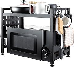 Suporte Organizador para Microondas e Especiarias, Escalável Prateleira de Cozinha em Aço Carbono Preto, Multifuncional 2 Níveis com Gancho para Utensílios Armazenar