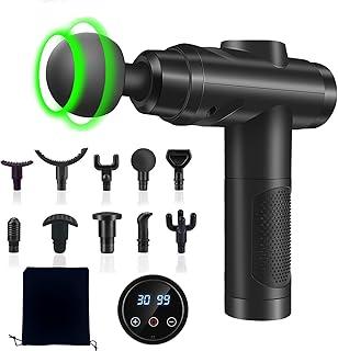 YARUIKE Pistola de Massagem Muscular Profunda, 30 Velocidades, 10 Cabeças, Tela LCD, Silenciosa, Bateria Recarregável, Preta