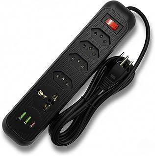 Extensão Elétrica Filtro de Linha 4 Tomadas + 2 USB + 1 USB-C, 1 Tomada Universal, Cabo 1,9m, Proteção Contra Surtos e Raios, Home Office, Gamer, Escritório.