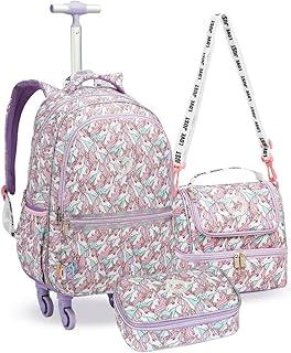 Kit Escolar Infantil com Mochila de Rodas, Lancheira Térmica e Estojo, 3 Peças, para Meninas, Material Resistente, Estampa Colorida