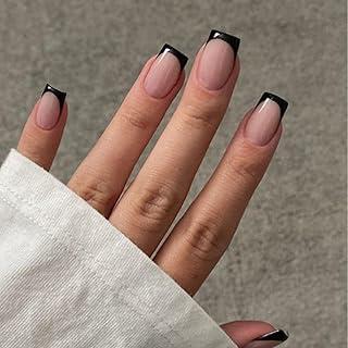 Modelones Kit para French Manicure com Adesivos Pretos, Unhas Postiças Retangulares Curtas e Reutilizáveis - 32 Unidades em 16 Tamanhos