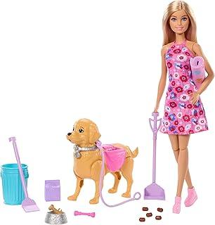 Boneca Barbie com cachorrinho Walk & Potty Pup que anda e faz cocô, com acessórios para cuidar do pet. Brincadeira divertida a partir de 3 anos.