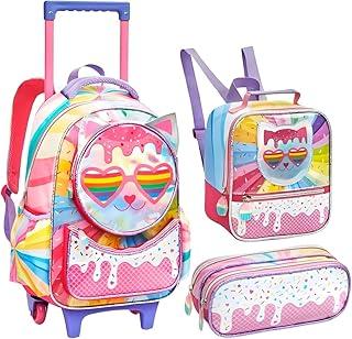 Kit Mochila Escolar Infantil com Rodinhas 3 em 1 para Menina – Mochila + Lancheira + Estojo – Mochila de Rodinha Feminina Infantil - Sereia, Unicórnio e Fada