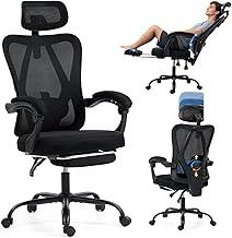 Cadeira de escritório com apoio para os pés, Corrimão interligado, Cadeira de escritorio ergonomica, cadeira giratória 360°, com encosto de cabeça e apoio lombar ajustáveis, Encosto ajustável a 135°