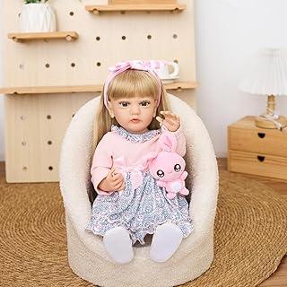 Bebê Reborn Boneca Menina Corpo de Silicone 55cm Peruca Saia Floral Olhos Azuis Cabelo Comprido Presente para Menina