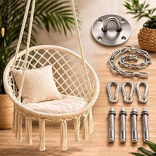Rede Balanço Suspensa de Teto com Suporte de Fixação até 120kg – Cadeira Balanço em Bambu e Corda de Algodão para Varanda, Sala, Jardim e Área de Lazer – Kit Completo com Gancho, Corrente e Mosquetões