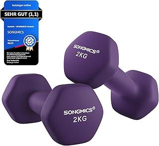 SONGMICS Conjunto de 2 Halteres, 2 x 2 kg Pesos de Mão com Revestimento de Neoprene, Par de Halteres Hexagonais, Exercício em Casa, Treino de Fitness, Cinza Roxo BRSYL64PL