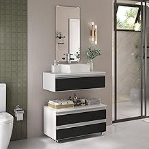 Gabinete Banheiro Creta 80cm (02 armários + cuba + espelho) (Branco/Preto)