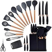 Utensilios Para Cozinha Silicone Kit 19 Peças Cabo Madeira Conjunto Completo Espátula Concha Colher Jogo Suporte Faca Antiaderente Tabua Tesoura Faqueiro PREMIUM (Preto)