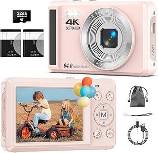 Câmera Digital 4K 64MP com Foco Automático,Fotográfica para Vlog, Zoom, Tela 2.8 Polegadas,fotografia, Cartão SD de 32GB, 2 Baterias, Câmera Compacta,para Adolescentes e Iniciantes, Flash(rosa)